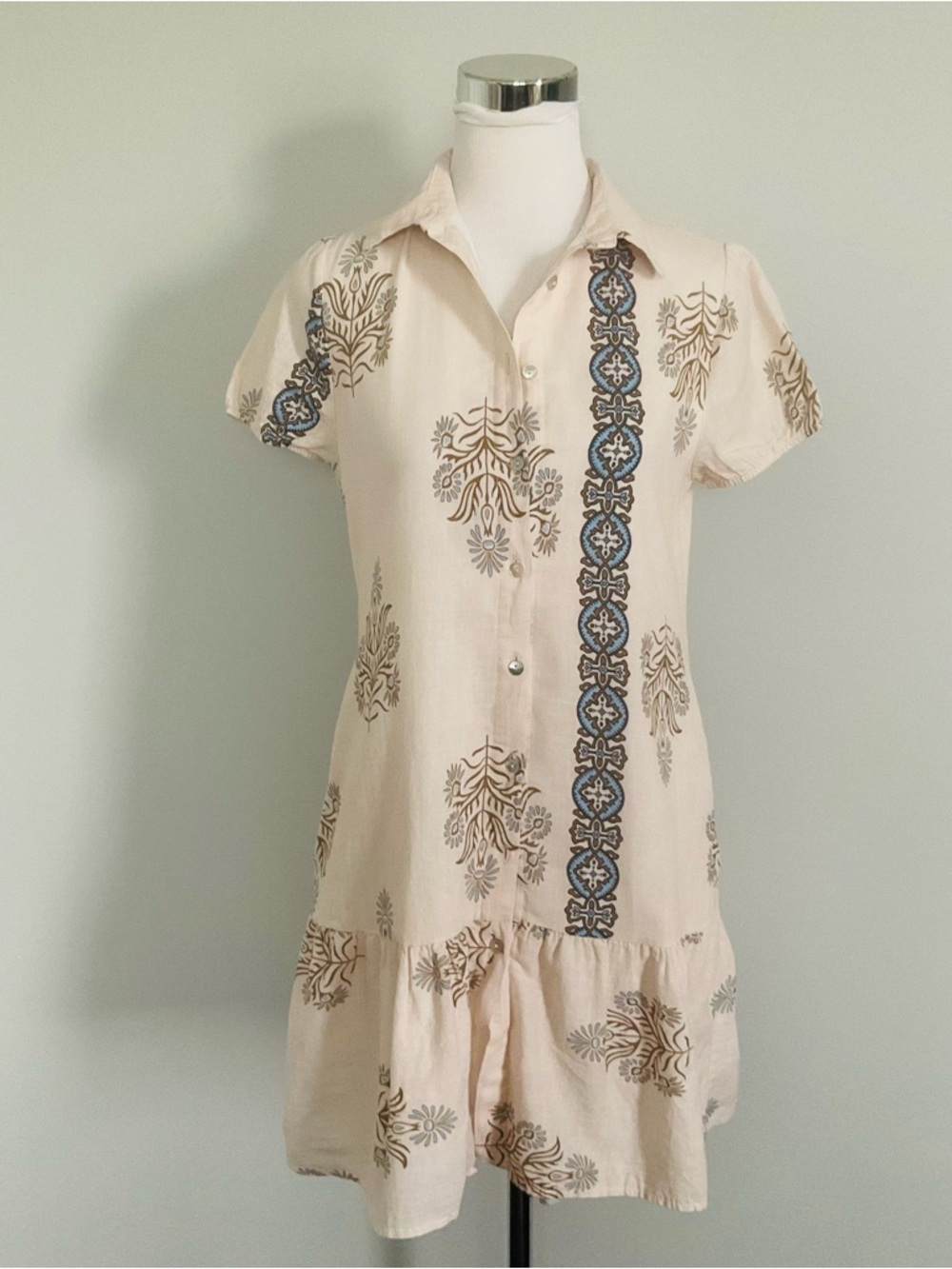 Francesca Bettini Midi Shift Lined, Pockets Dress Cream&Blue Linen Blend-Small